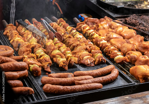 Large assortment of grilled sausages and kebabs at Cracow christmas market