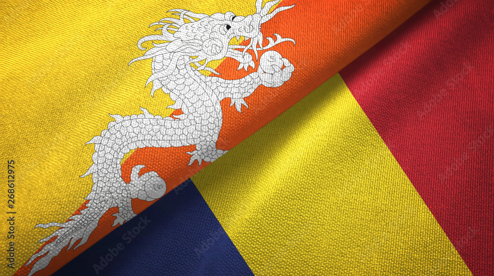 Bhutan and Chad two flags textile cloth, fabric texture 