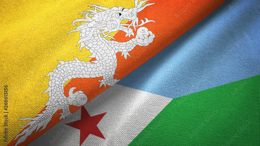 Bhutan and Djibouti two flags textile cloth, fabric texture Bhutan and Djibouti two flags textile cloth, fabric texture