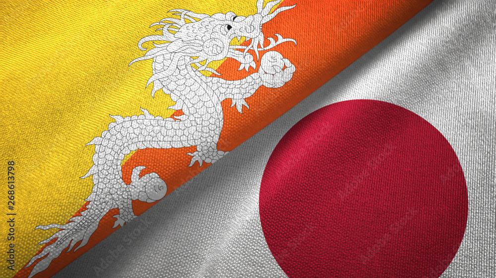 Bhutan and Japan two flags textile cloth, fabric texture Bhutan and Japan two flags textile cloth, fabric texture