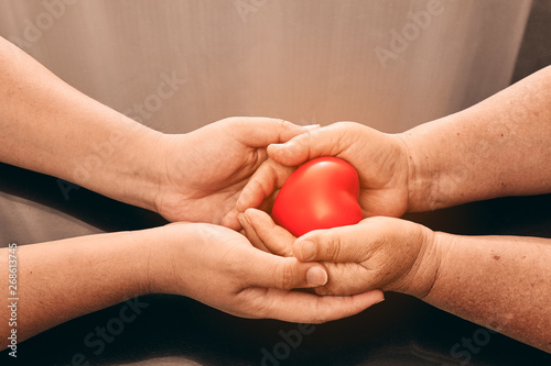 Fototapeta Naklejka Na Ścianę i Meble -  Son holding mother hand with red heart symbol inside for care expression
