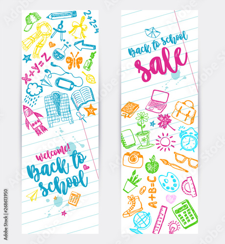 Back to school promo banner design. Vector background color crayons and pencils. Hand drawn doodle sketches with school goods.