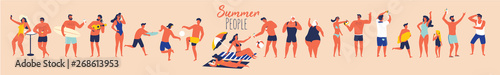 Summer holidays. People in swimming suit in different situations on the beach. Flat design illustration.