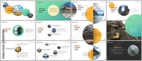 Minimal presentations design, portfolio vector templates with green colorful circle elements on white background. Multipurpose template for presentation slide, flyer leaflet, brochure cover, report.