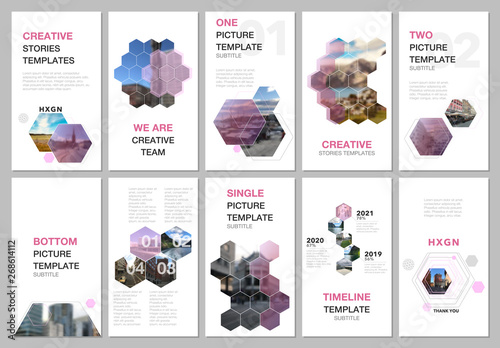 Creative social networks stories design, vertical banner or flyer templates with hexagones and hexagonal shapes on white background. Covers design templates for flyer, leaflet, brochure, presentation