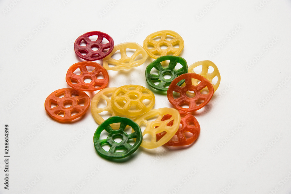 Snack pellets are non-expanded products made with raw materials like cereals, potatoes or vegetable powders, later processed using frying, hot air baking. multicoloured / shaped ready-to-eat snacks Snack pellets are non-expanded products made with raw materials like cereals, potatoes or vegetable powders, later processed using frying, hot air baking. multicoloured / shaped ready-to-eat snacks