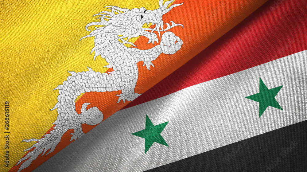 Bhutan and Syria two flags textile cloth, fabric texture Bhutan and Syria two flags textile cloth, fabric texture