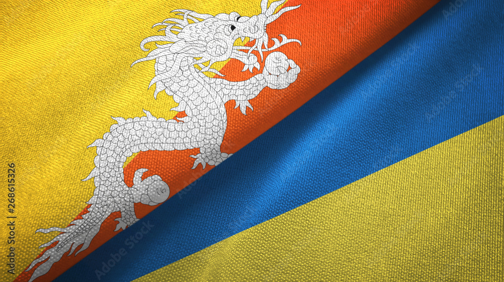Bhutan and Ukraine two flags textile cloth, fabric texture Bhutan and Ukraine two flags textile cloth, fabric texture