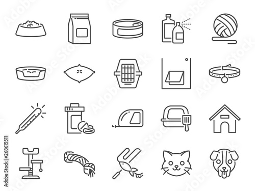 Petshop line icon set. Included icons as pet shop, pets, cat, dog, vitamin, toy and more.