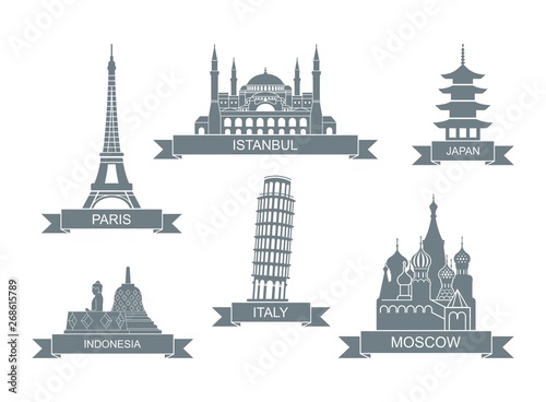 World architectural attractions. Stylized flat icons. Landmarks In Paris, Istanbul, Japan, Italy, Russia, Indonesia