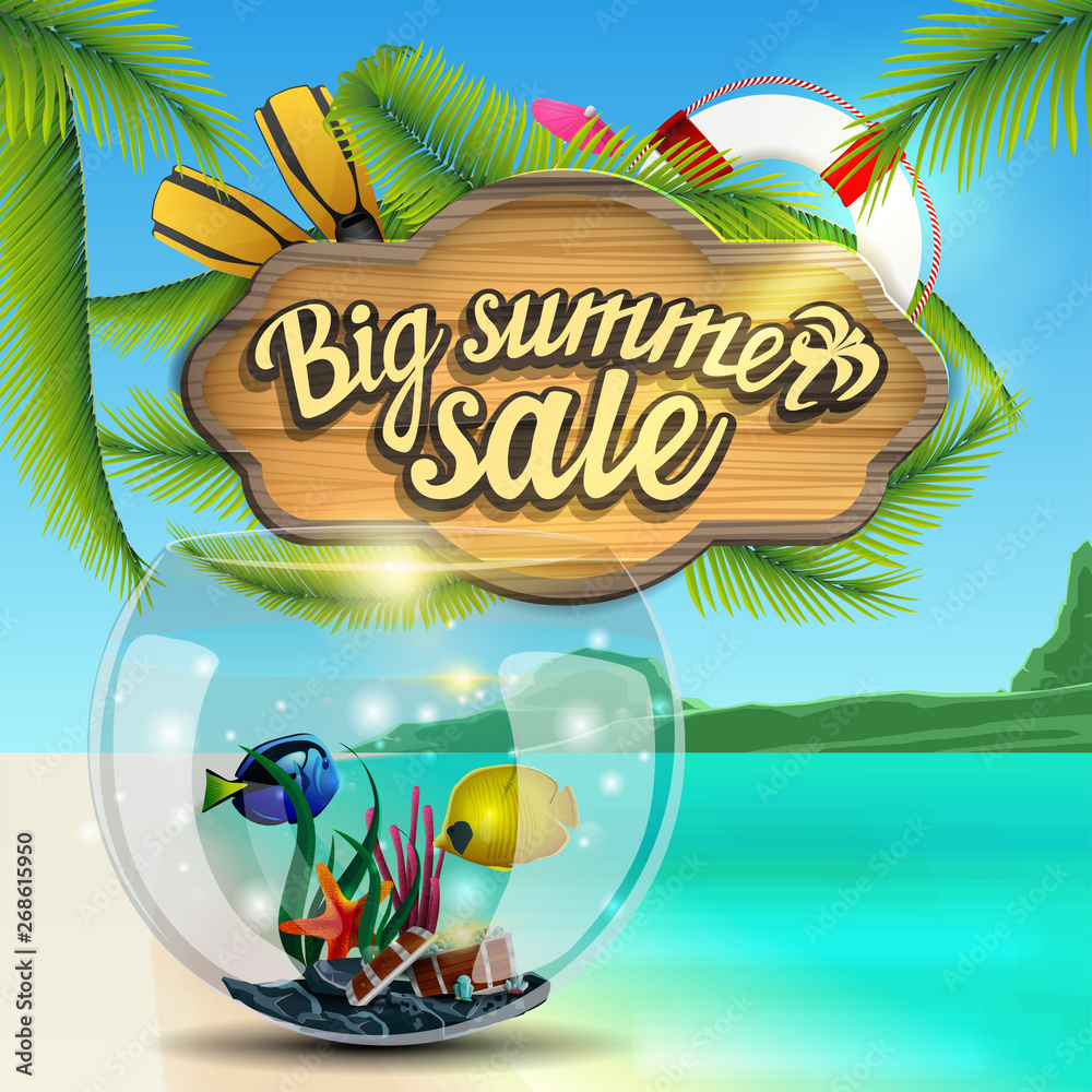 Big summer sale, web banner with wooden sign, sea decor and round aquarium with fish