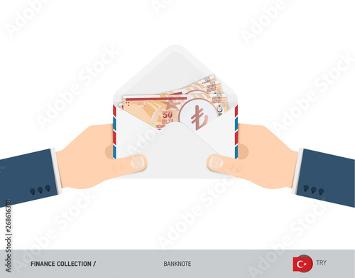 50 Turkish Lira Banknotes in envelope hold in hand. Flat style opened white envelope with cash. Salary payout or corruption concept.