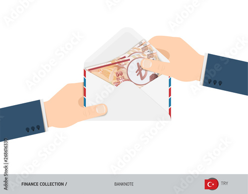 50 Turkish Lira Banknotes in envelope hold in hand. Flat style opened white envelope with cash. Salary payout or corruption concept.