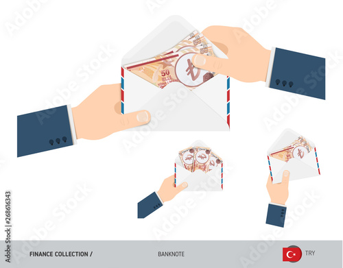 50 Turkish Lira Banknotes in envelope hold in hand. Set of flat style opened white envelopes with cash. Salary payout or corruption concept.
