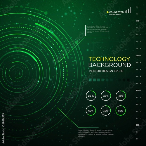 technology backgound with abstract circle interface and modern networking concept use for web banner and startup business cover, template, science, cryptocurrency, ecommerce design vector eps 10