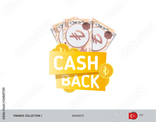 Cash back banner with 50 Turkish Lira Banknotes and coins. Flat style vector illustration. Shopping and sales concept.