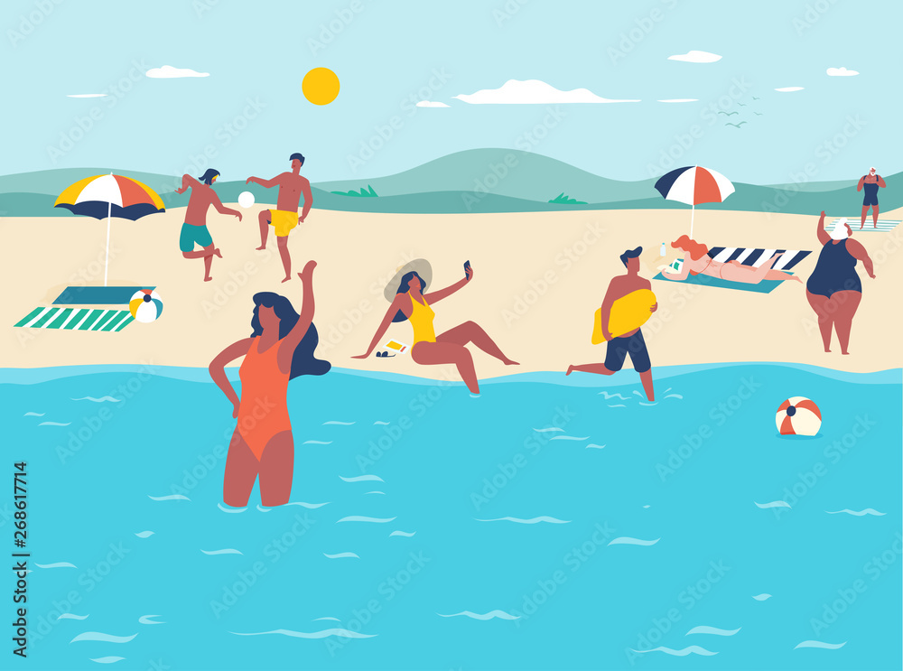 Summer holidays. Vacation scene with multiple people on sandy beach. Flat design illustration.