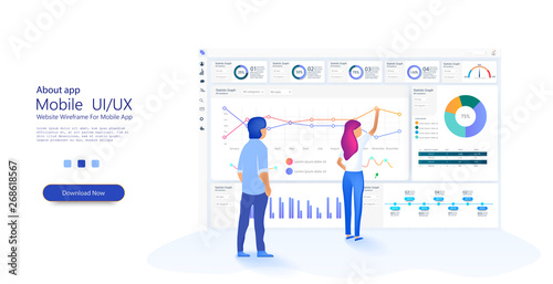 People work in a team and interact with graphs. Business, workflow management. Online statistics and data Analytics. Website template for deep learning concept. Vector 