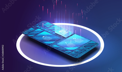 Electronic board with components, new technology or repair concept  in smartphone. Microchip processor with lights on the blue background. Vector. esim
