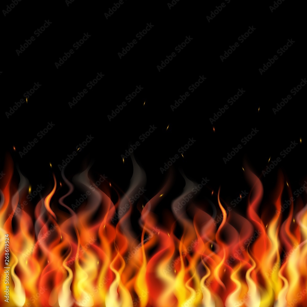 Realistic fire flame vector border. Seamless orange fire horizontal