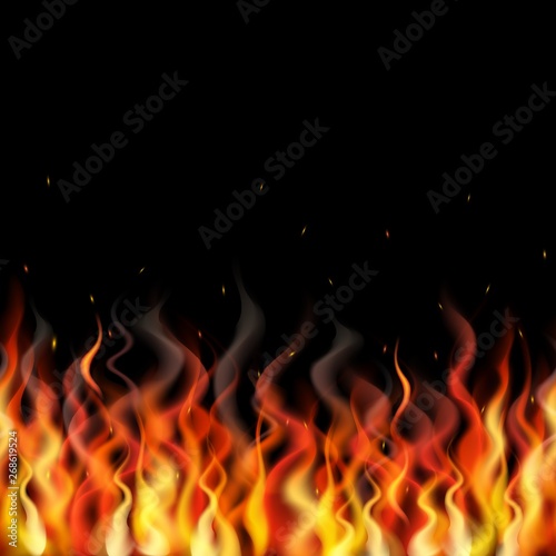 Realistic fire flame vector border. Seamless orange fire horizontal pattern on white background. Vector colorful endless background with burning flame..