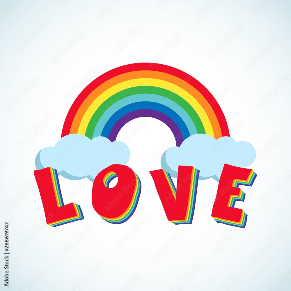 Vector modern hand drawn word Love with rainbow. Concept of LGBT love with text, rainbow and clouds. Template for hippie, lgbt community, Valentines day, invitation, party, print. Vector modern hand drawn word Love with rainbow. Concept of LGBT love with text, rainbow and clouds. Template for hippie, lgbt community, Valentines day, invitation, party, print.