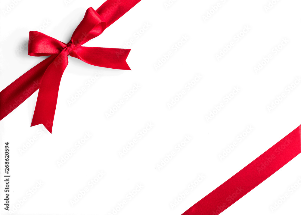 Red satin ribbon corner stripe fabric bow isolated on white background with clipping path Red satin ribbon corner stripe fabric bow isolated on white background with clipping path
