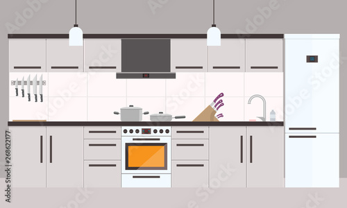 Cartoon kitchen interior with fridge, oven and cooking appliances