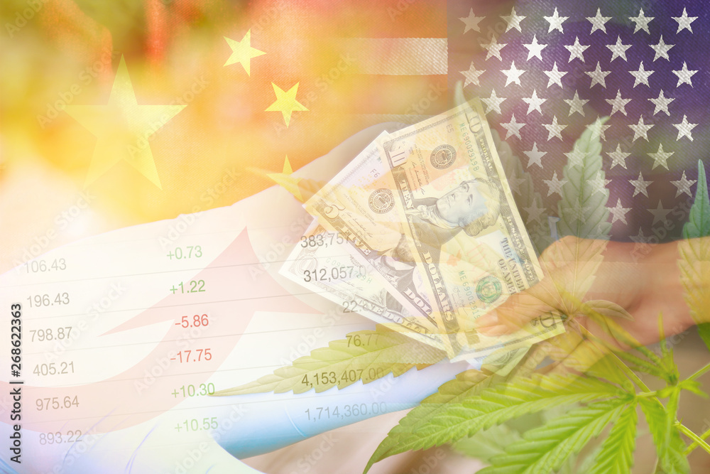 Double expose photo of china against united states flag with trade forex and dollar on cannabis business 