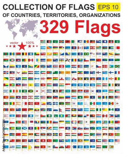 Flags of the world. Collection world Flags of sovereign states, territories and organizations with names. Complete Collection world Flags. Vector image.