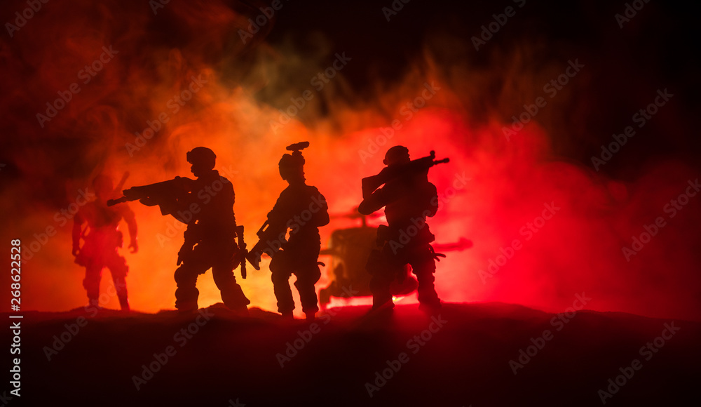 Artwork decoration. Soldiers in the desert during the military operation with combat helicopter or Helicopter assault special forces.