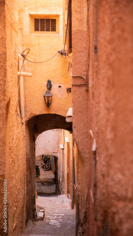 Lanes and shadows in desert old town Ghardaia in Algeria