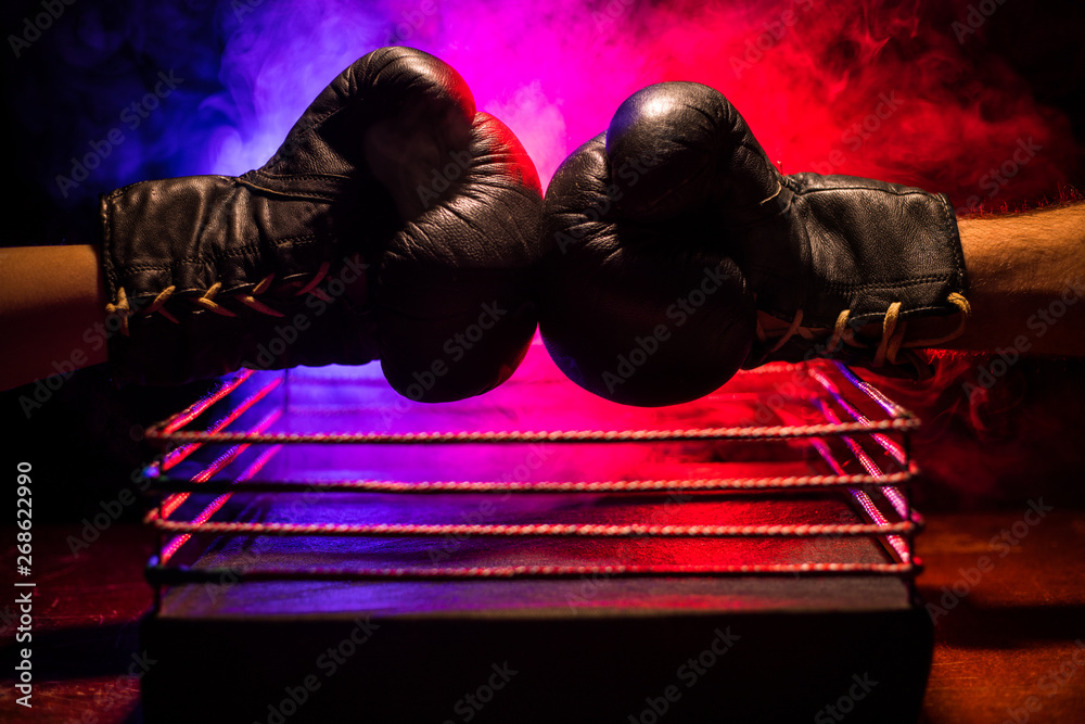 kalligraf Opdagelse krøllet Empty boxing ring with red ropes for match in the stadium arena. Creative  artwork decoration Stock-foto | Adobe Stock