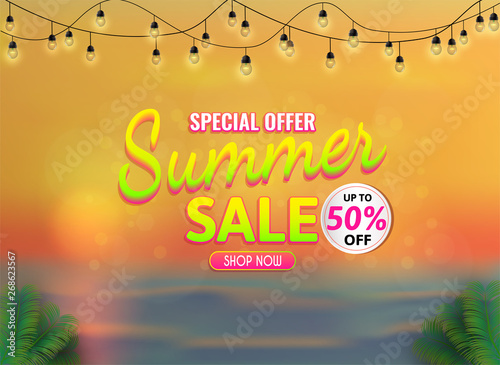 Vector Background and Summer Sale for banner. And the view of the sea during the evening before sundown. And the colors of the party.  and Can be used as an illustration or as a backdro