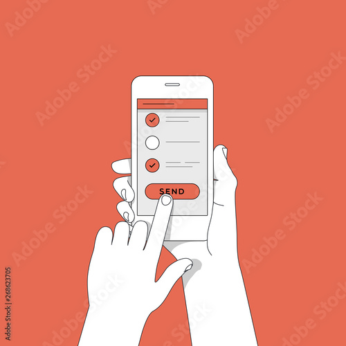 Hand touching display with send button on smartphone.  