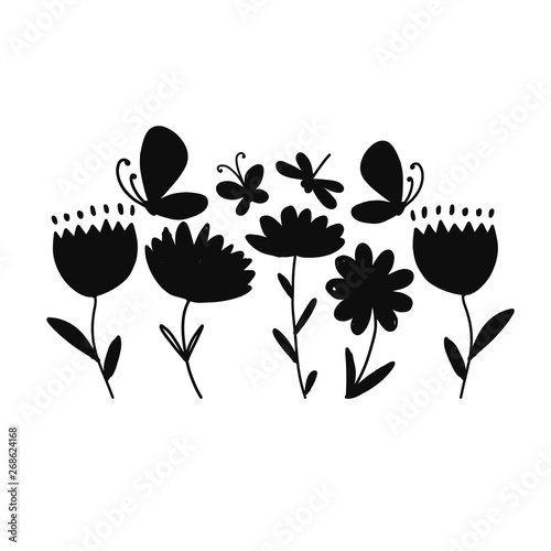 Flowers and butterflies, black silhouette for your design