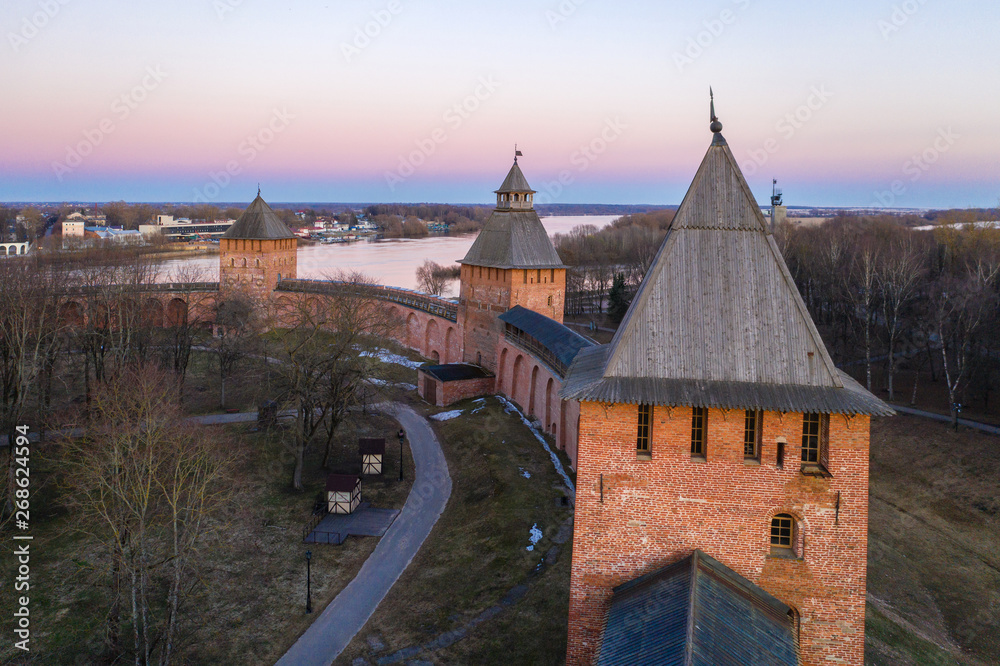 Veliky Novgorod, Historic center, Kremlin, evening view from above, Golden ring of Russia, aerial view from drone. Tourist center