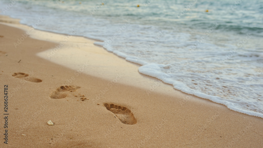Footprints of human feet on the sand near the water on the beach Footprints of human feet on the sand near the water on the beach