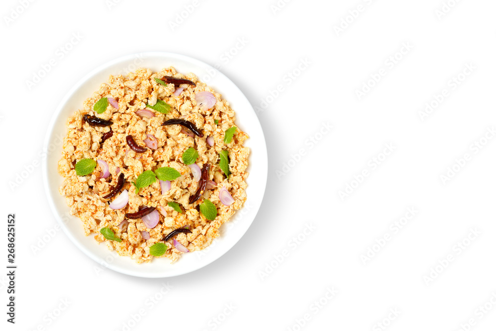 Spicy minced pork salad is Thai food cuisine in Thailand isolated on white dish top view on white table. Spicy minced pork salad is Thai food cuisine in Thailand isolated on white dish top view on white table.