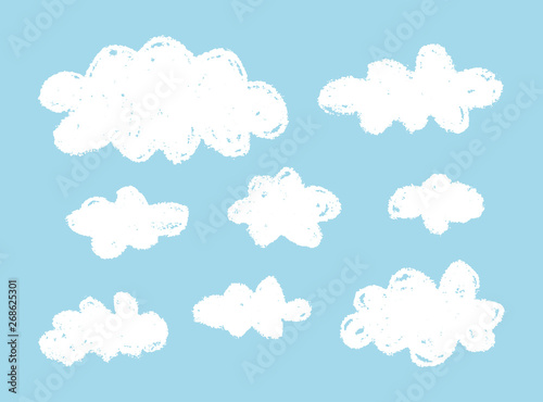 Hand drawn clouds set. Сhalk drawing texture.