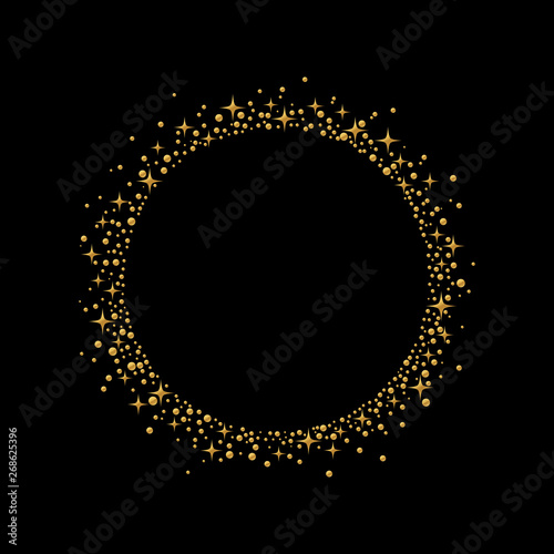 Round frame with gold confetti stars and circles isolated on black background. Golden explosion of confetti. Holiday background. 