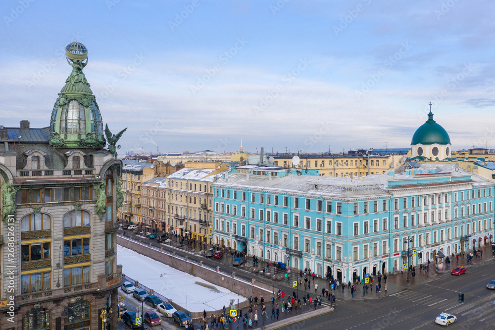 ST. PETERSBURG, RUSSIA - MARCH, 2019: Aerial view of the building of the Company Zinger, the Nevsky avenue