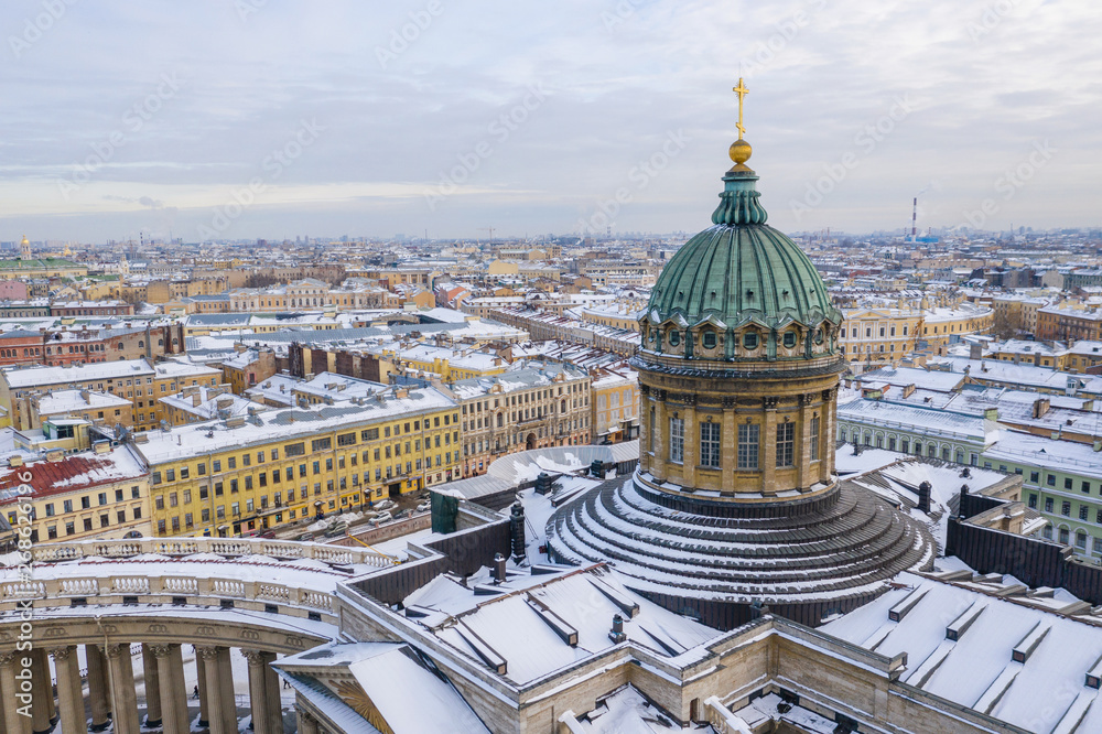 ST. PETERSBURG, RUSSIA - MARCH, 2019: The dome of Kazan Cathedral aerial view from drone, Saint Petersburg, Russia