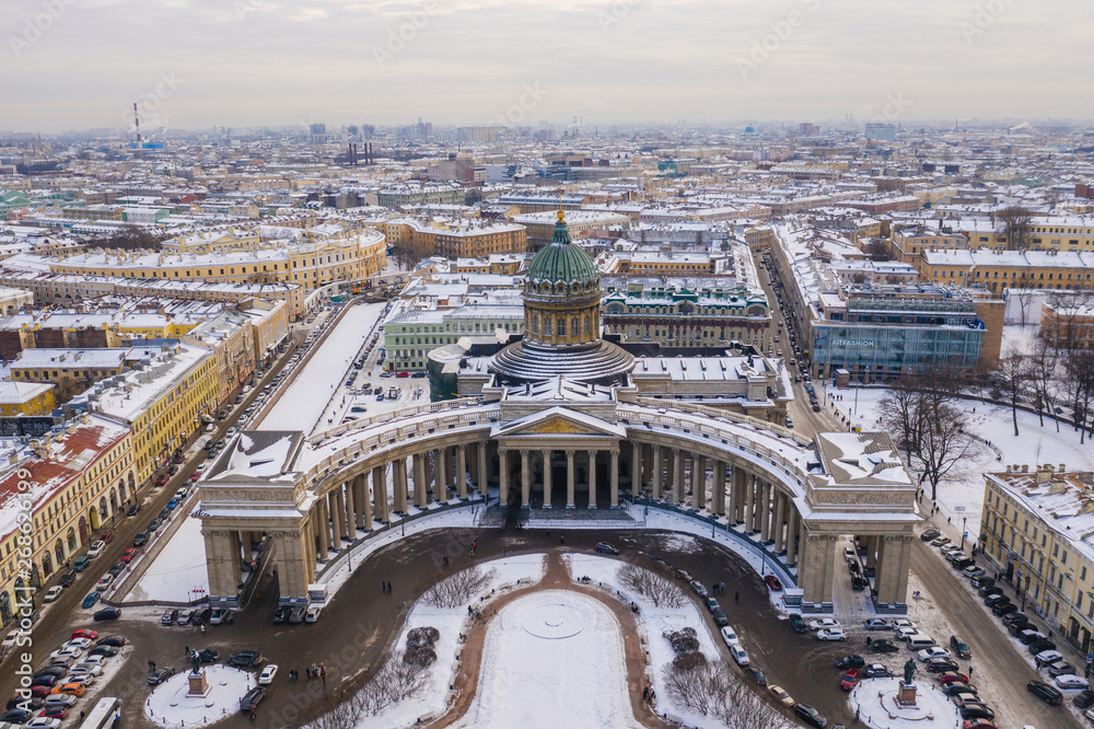 ST. PETERSBURG, RUSSIA - MARCH, 2019: Kazan Cathedral in Saint Petersburg Aerial View