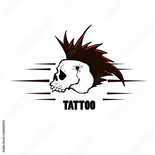 Human skull mohawk hairstyle. Punk rock art. Hand drawn vector illustration. Tattoo sketch.