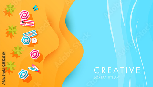 Beach banner with sea, beach, sand, sun beds and umbrellas with space for text.