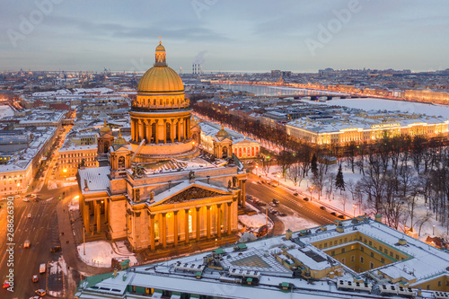 Night panoramic view from the aerial view of the center of St. Petersburg. St. Isaac's Cathedra