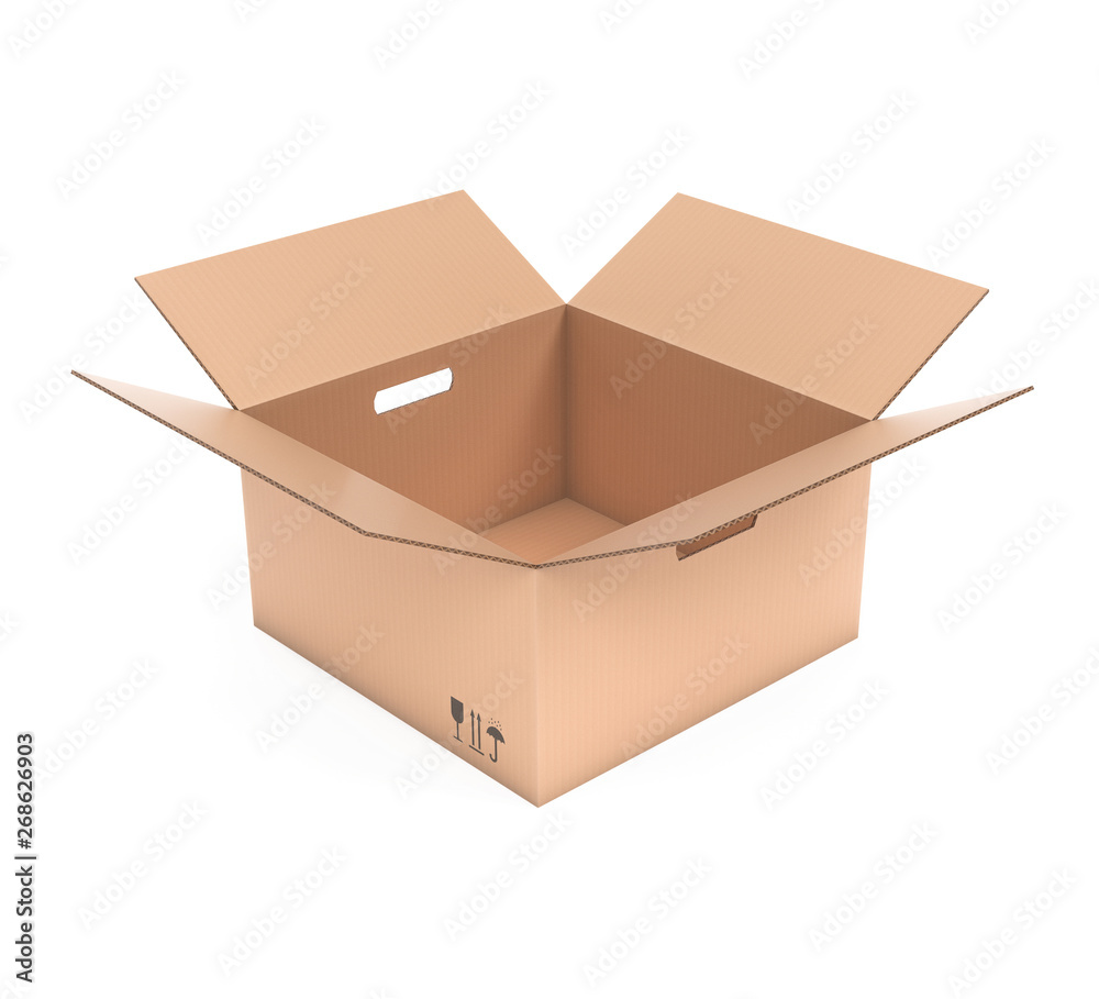 Brown paper box with handle holes. 3d rendering illustration isolated