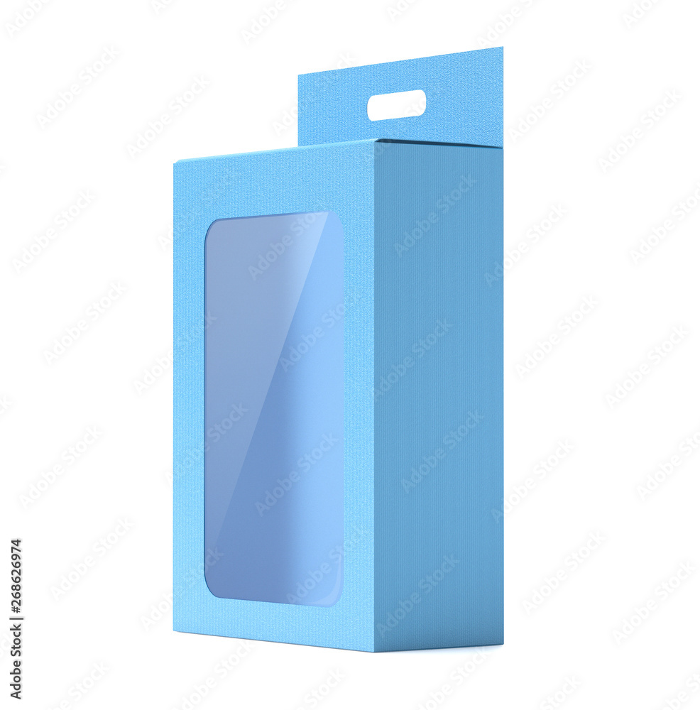 Box mock up. Blue display box with transparent window. 3d rendering illustration Box mock up. Blue display box with transparent window. 3d rendering illustration