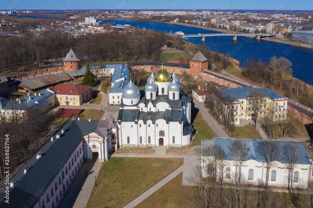 St. Sophia Cathedral in the Kremlin of Veliky Novgorod in the sunny day (aerial photography). Russia